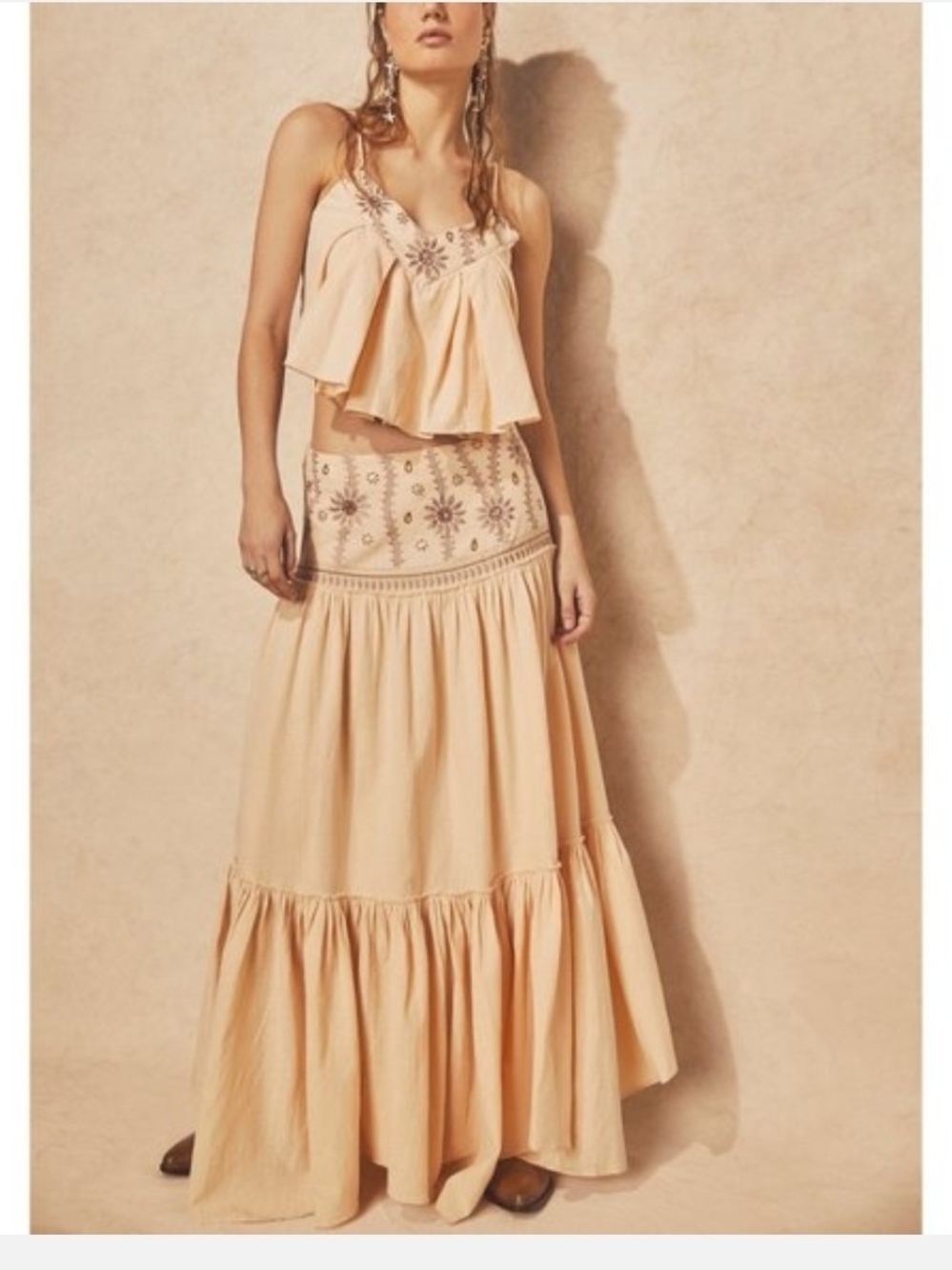 Free People Peach Cream Embroidered Maxi Skirt